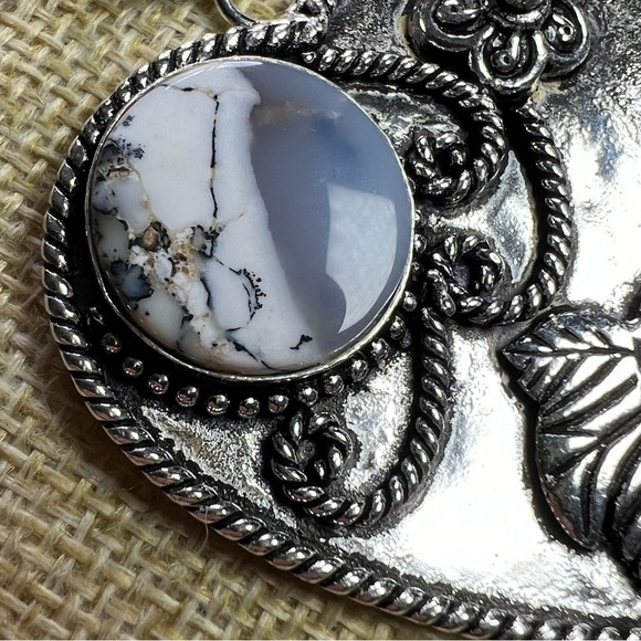 New Large Dendritic Opal Heart Silver Overlay Pendant Necklace w Cord - Picture 2 of 6